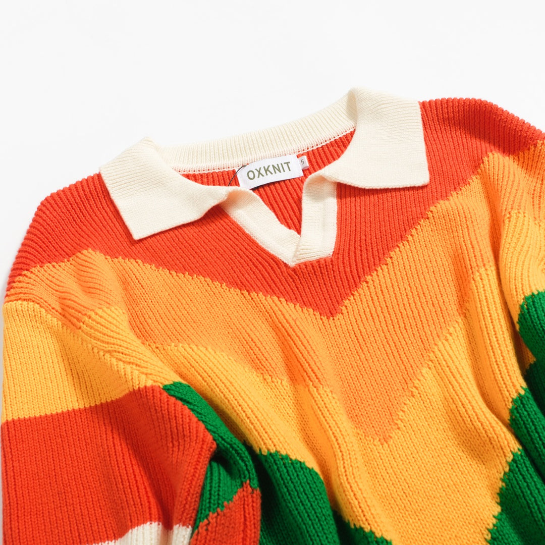 Men's multi-colored striped vintage jacquard V-neck knitted polo shirt