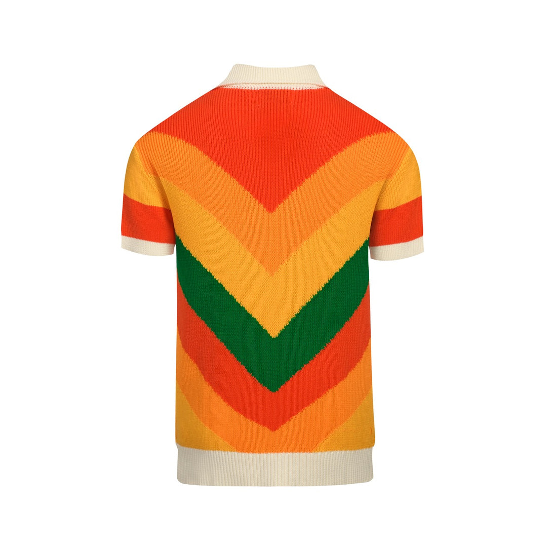 Men's multi-colored striped vintage jacquard V-neck knitted polo shirt