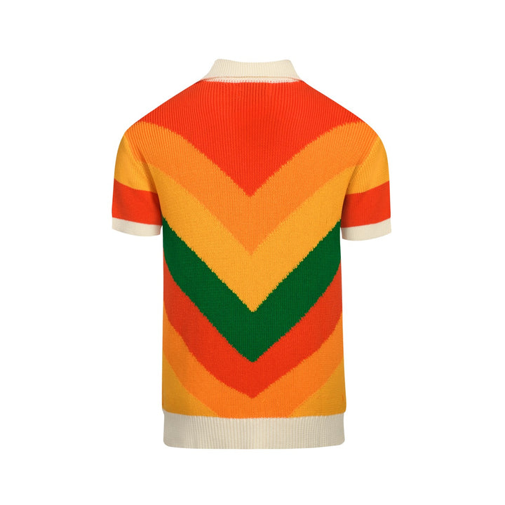 Men's multi-colored striped vintage jacquard V-neck knitted polo shirt