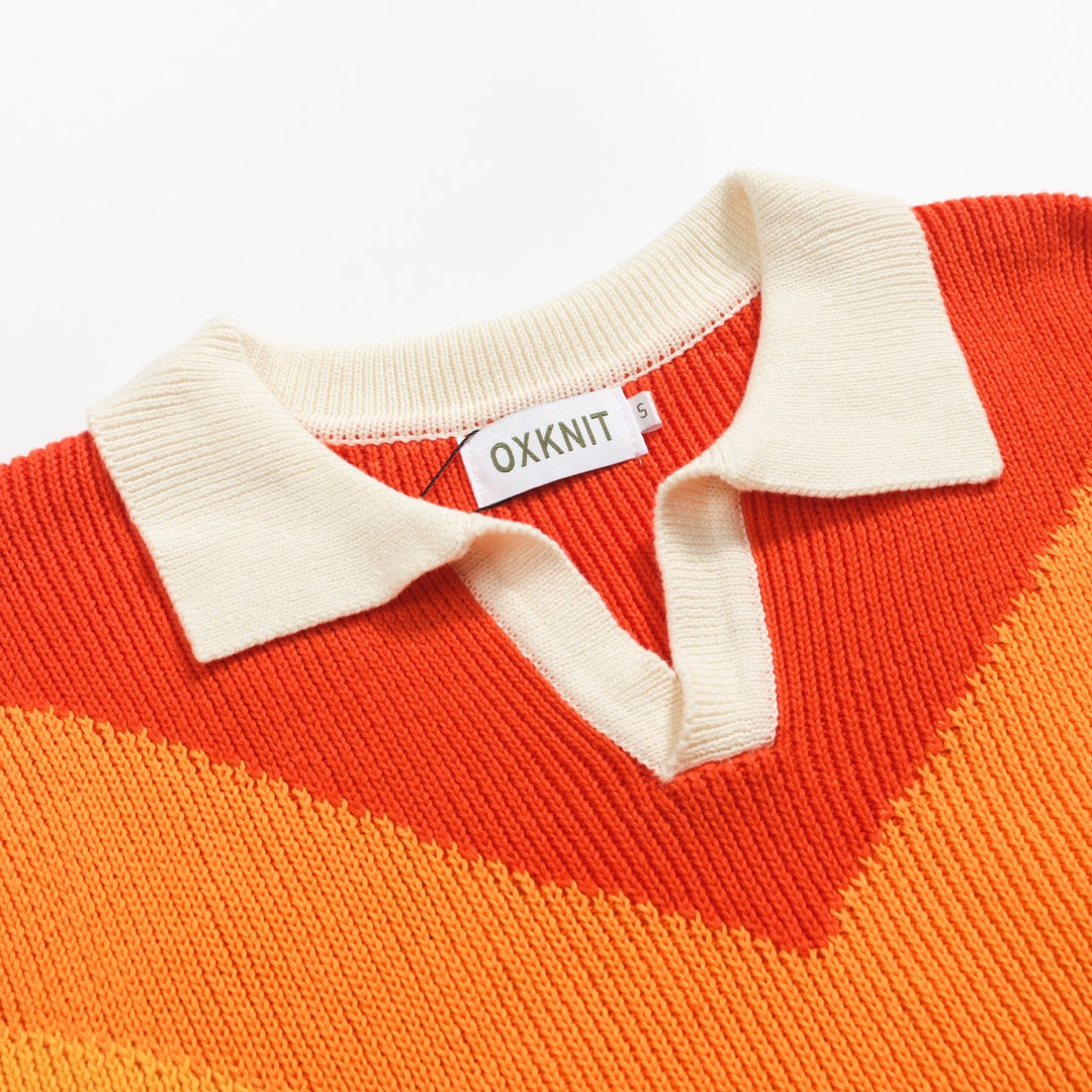 Men's multi-colored striped vintage jacquard V-neck knitted polo shirt