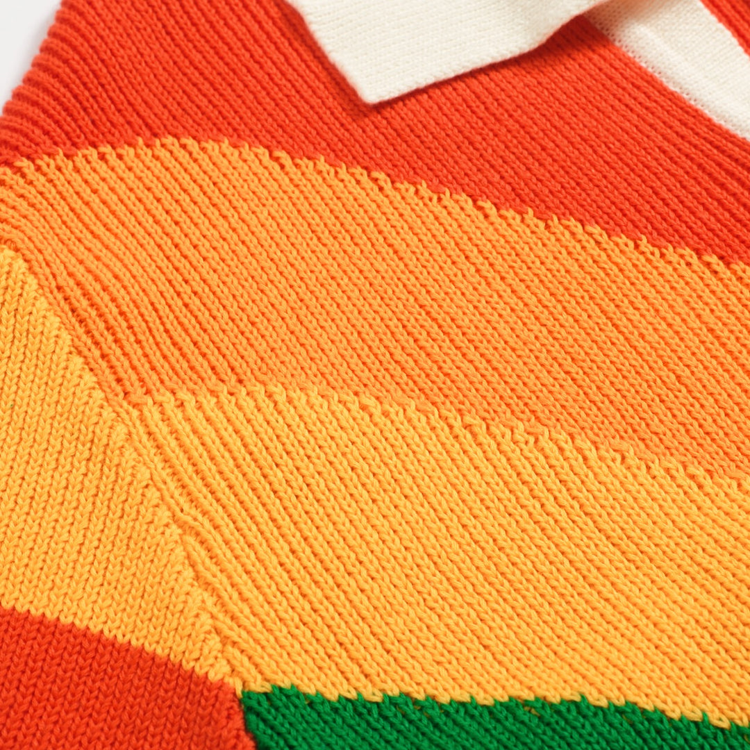 Men's multi-colored striped vintage jacquard V-neck knitted polo shirt