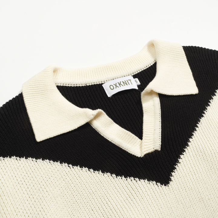 Men's black vintage graphic knit V-neck polo shirt
