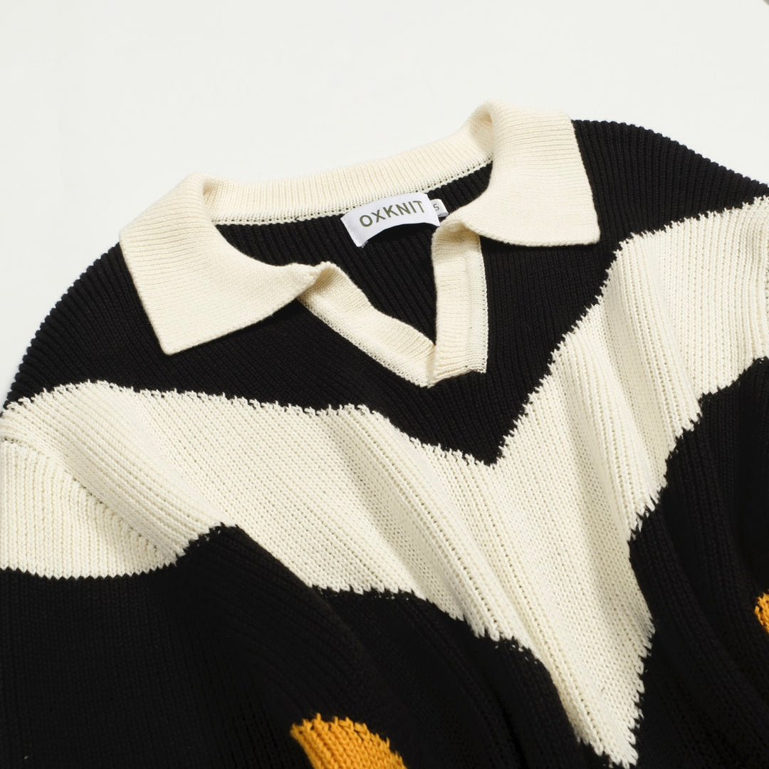 Men's black vintage graphic knit V-neck polo shirt