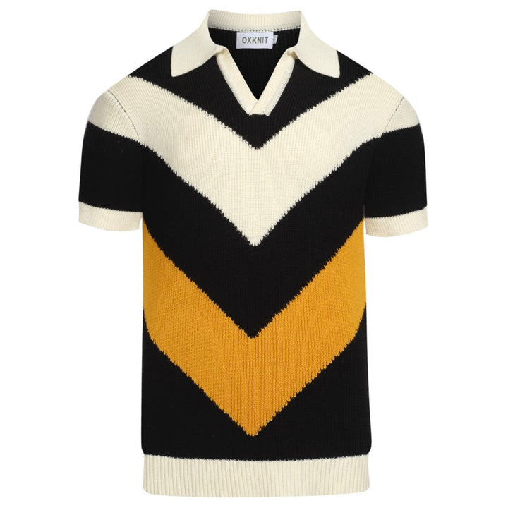 Men's black vintage graphic knit V-neck polo shirt