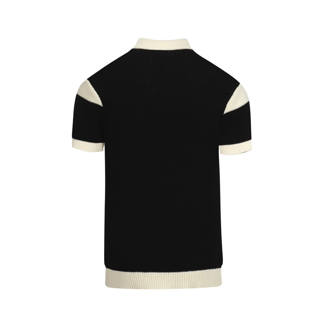 Men's black vintage graphic knit V-neck polo shirt