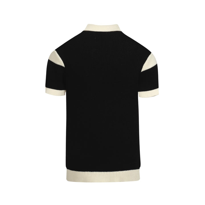 Men's black vintage graphic knit V-neck polo shirt