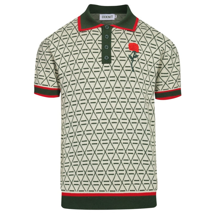 Men's green vintage graphic embroidered V-neck polo shirt