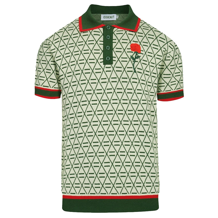 Men's green vintage graphic embroidered V-neck polo shirt