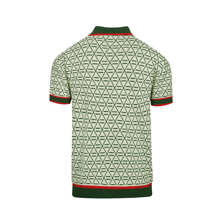 Men's green vintage graphic embroidered V-neck polo shirt