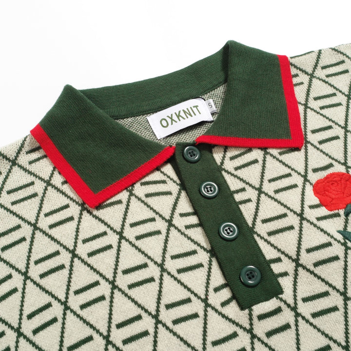 Men's green vintage graphic embroidered V-neck polo shirt