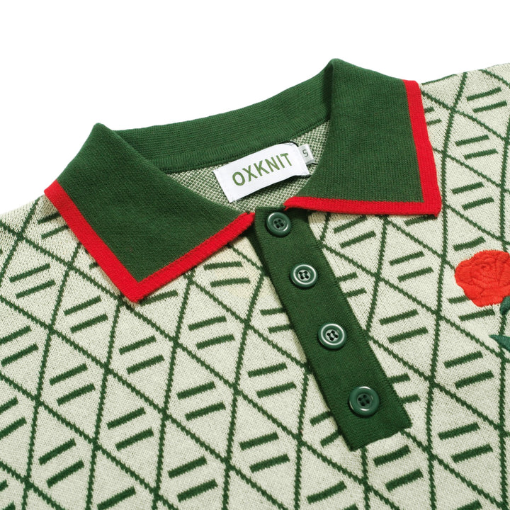Men's green vintage graphic embroidered V-neck polo shirt