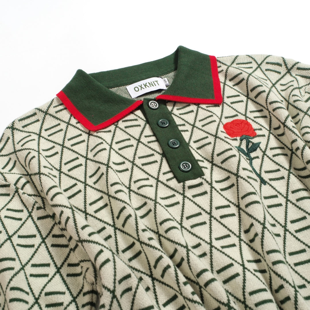 Men's green vintage graphic embroidered V-neck polo shirt