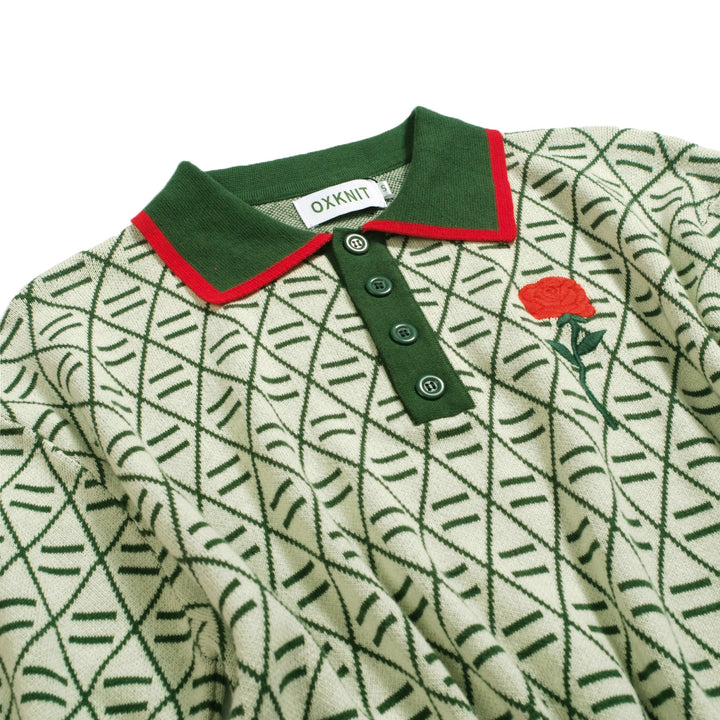 Men's green vintage graphic embroidered V-neck polo shirt