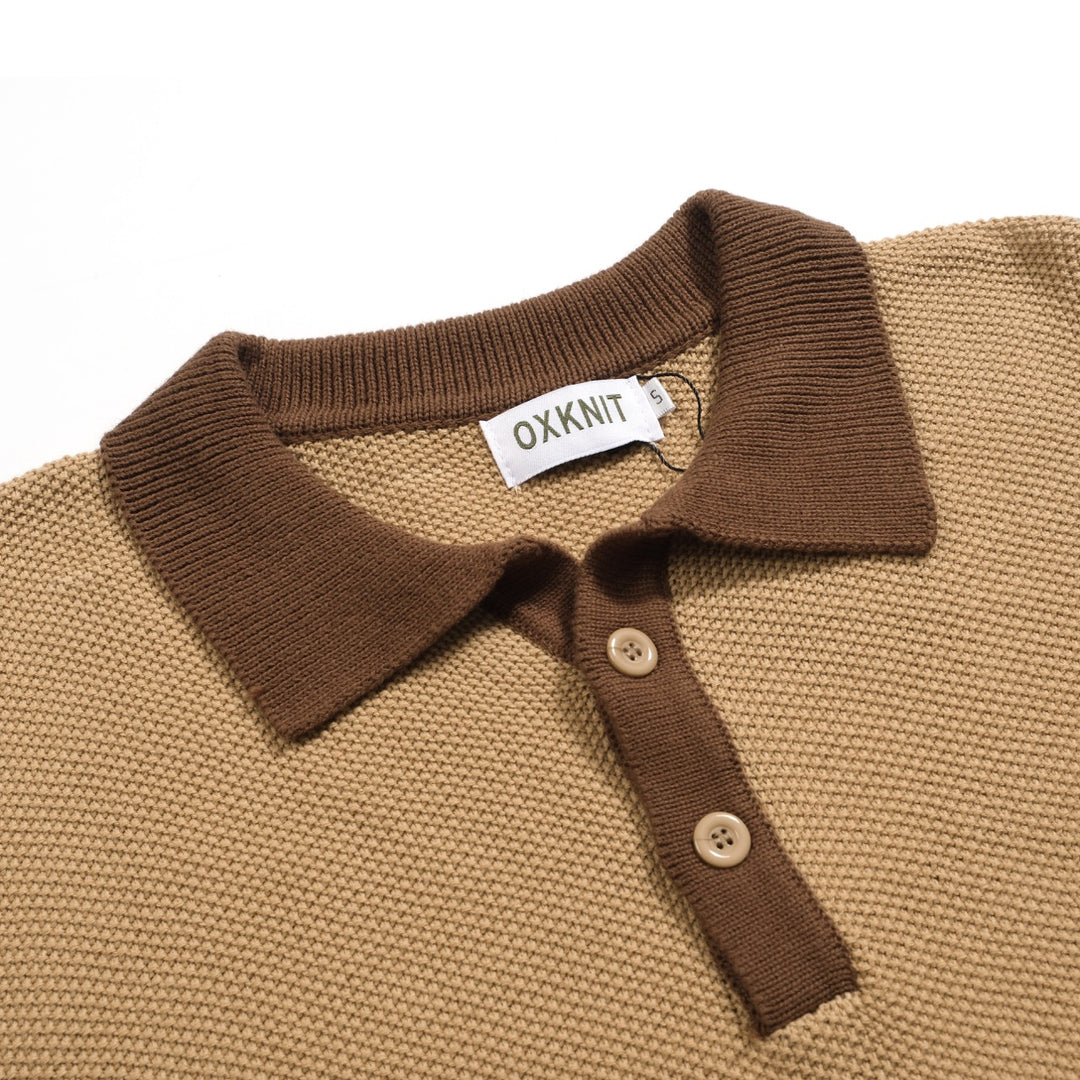 Heren kaki retro textuur bijpassende kleur gebreide poloshirt