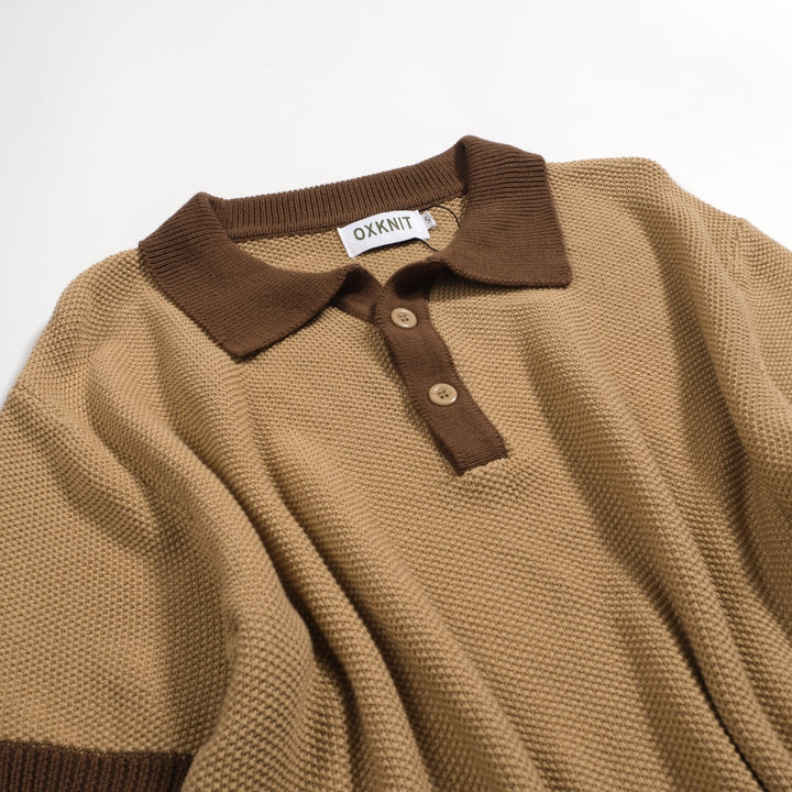 Heren kaki retro textuur bijpassende kleur gebreide poloshirt