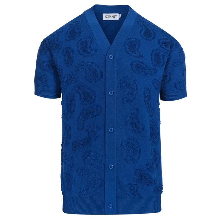 Men's dark blue textured V-neck knitted casual cardigan