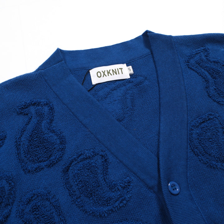 Men's dark blue textured V-neck knitted casual cardigan