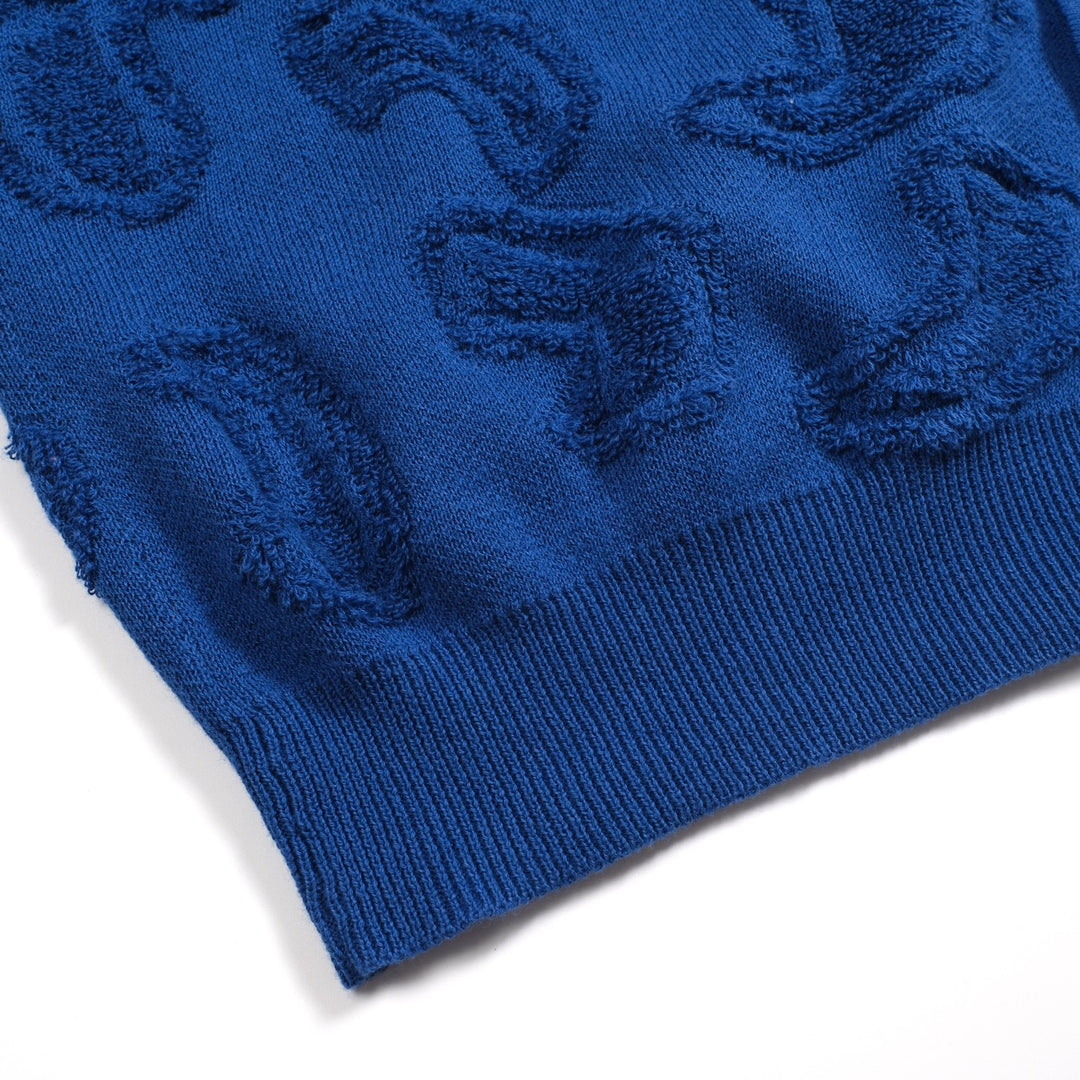 Men's dark blue textured V-neck knitted casual cardigan