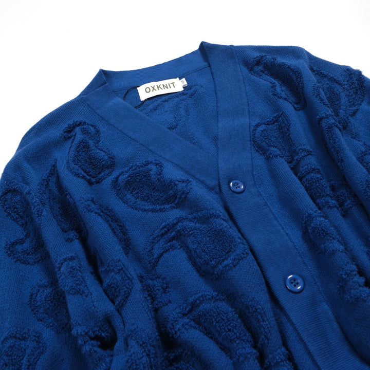 Men's dark blue textured V-neck knitted casual cardigan