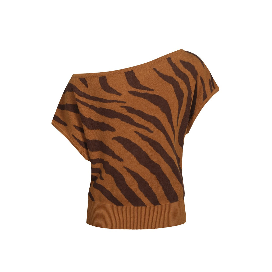 Women's striped jacquard slant shoulder T-shirt - Short Size
