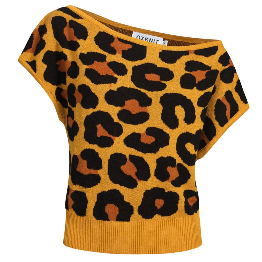 Women's leopard print knit slant shoulder T-shirt - Short Size
