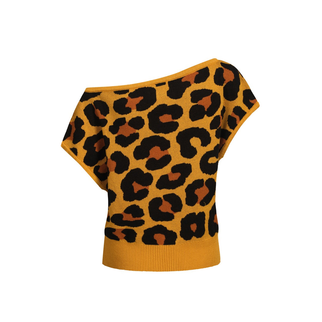 Women's leopard print knit slant shoulder T-shirt - Short Size