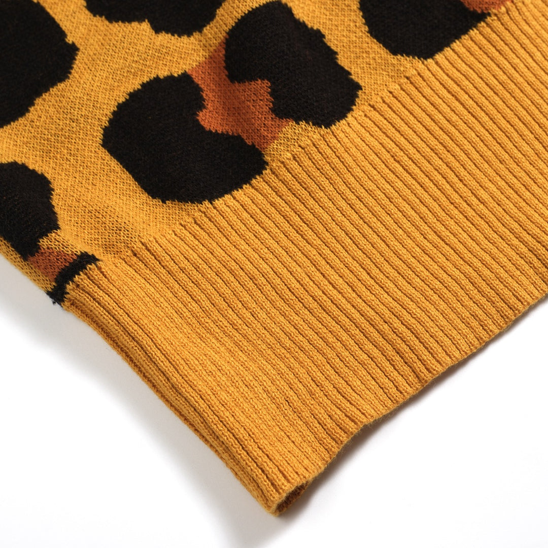 Women's leopard print knit slant shoulder T-shirt - Short Size