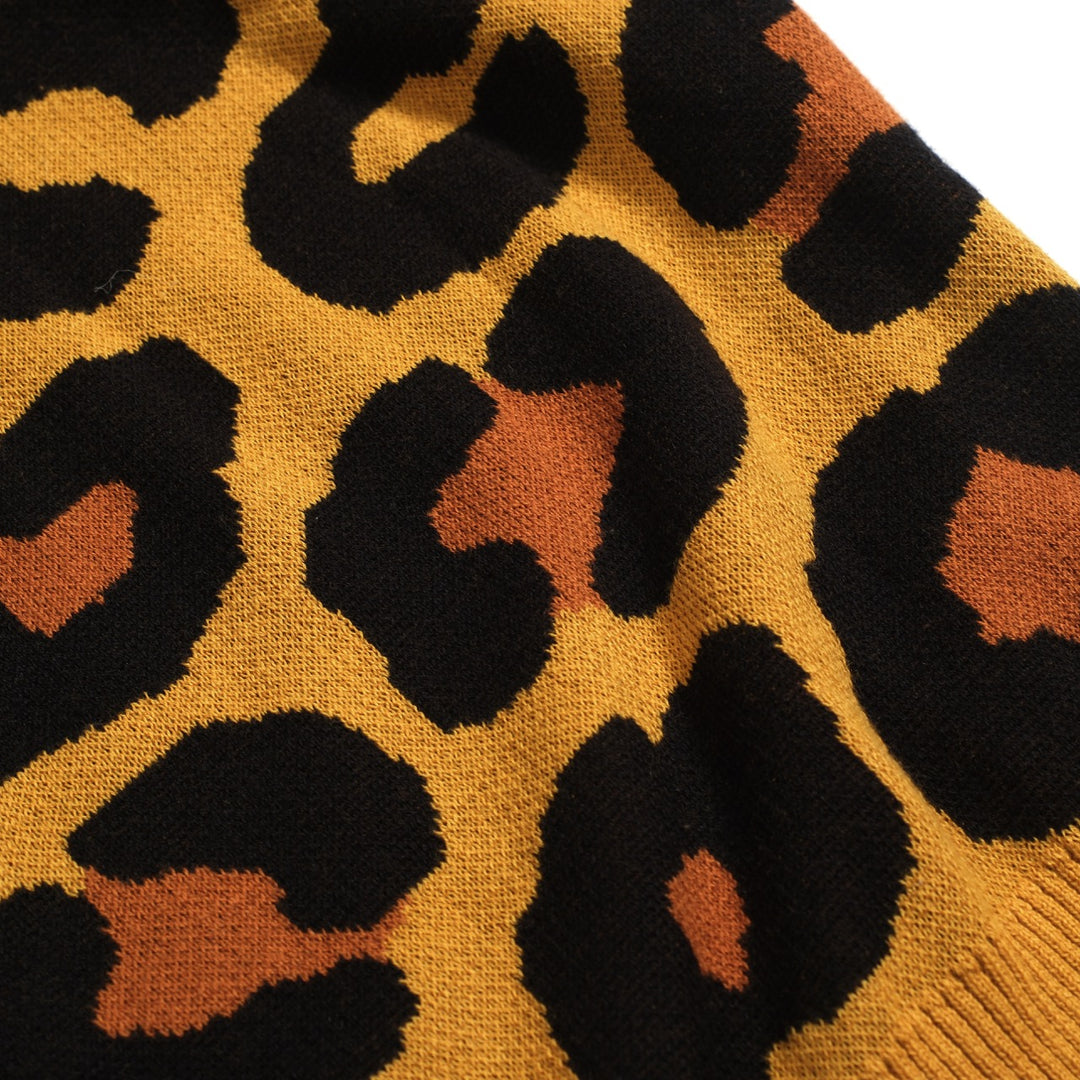 Women's leopard print knit slant shoulder T-shirt - Short Size
