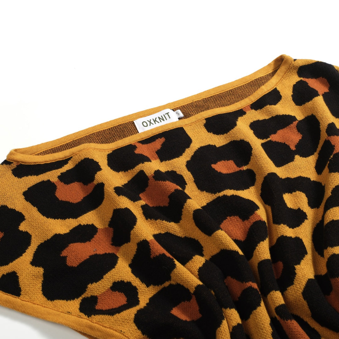 Women's leopard print knit slant shoulder T-shirt - Short Size