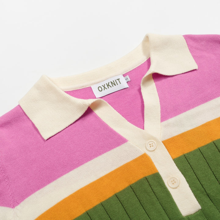 Women's green parquet jacquard knit polo shirt