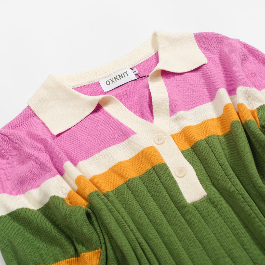 Women's green parquet jacquard knit polo shirt