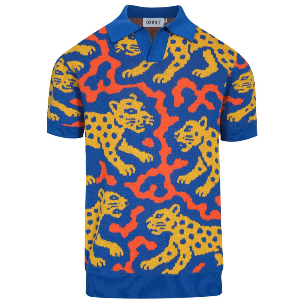 LEOPARD JACQUARD KNIT POLO SHIRT【BLUE】 Men's blue leopard jacquard V-neck knitted polo shirt – OXKnit