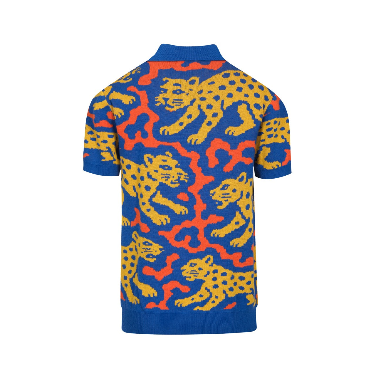LEOPARD JACQUARD KNIT POLO SHIRT【BLUE】 Men's blue leopard jacquard V-neck knitted polo shirt – OXKnit