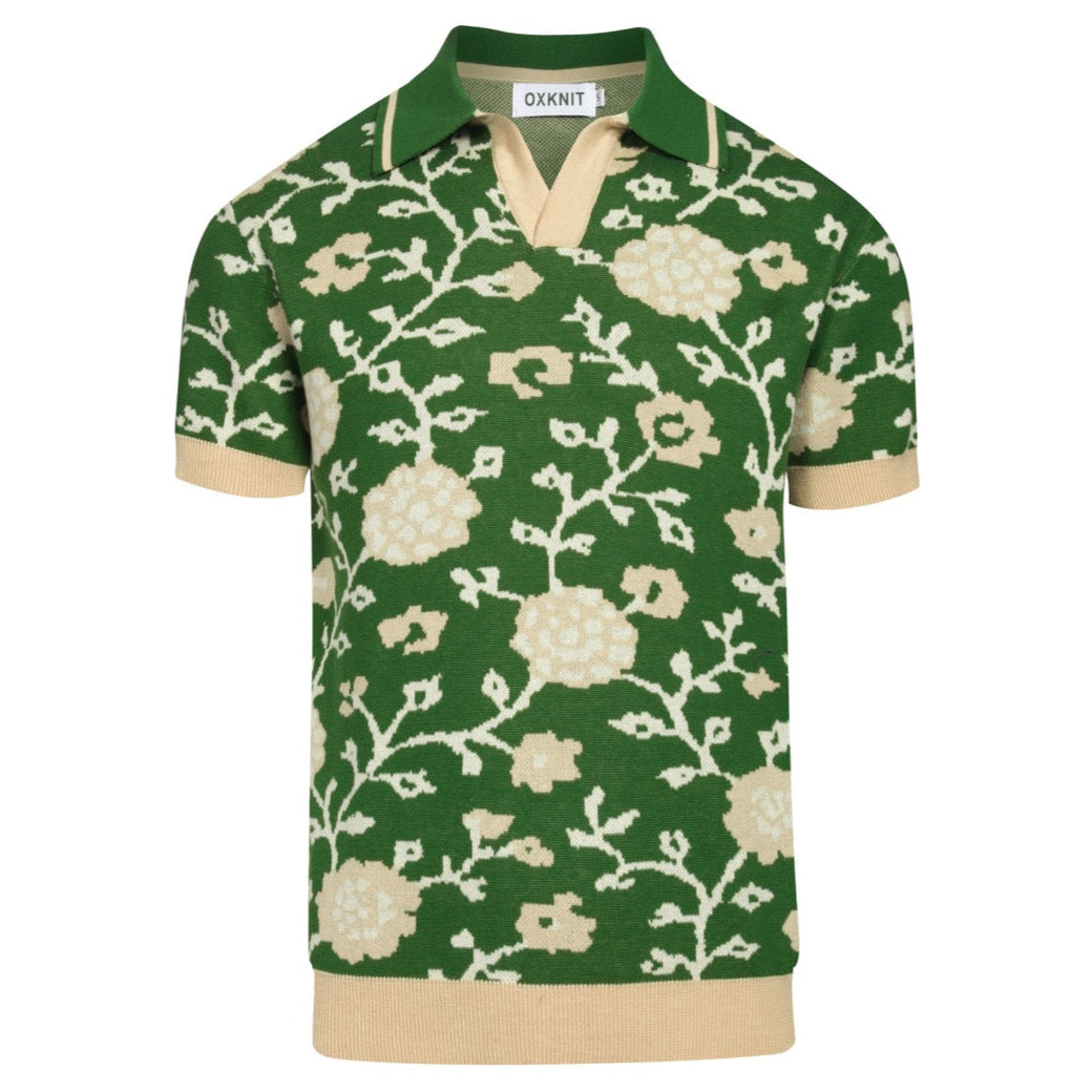 Πράσινο floral των ανδρών Jacquard V-Neck πλεκτό πουκάμισο πόλο