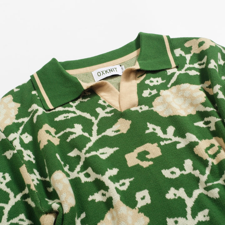 Πράσινο floral των ανδρών Jacquard V-Neck πλεκτό πουκάμισο πόλο