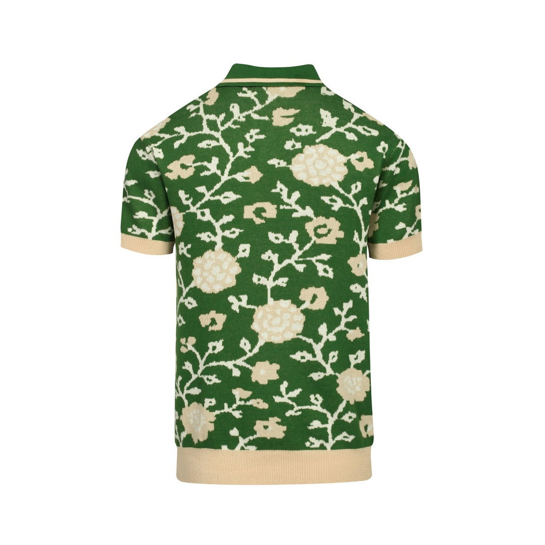 Πράσινο floral των ανδρών Jacquard V-Neck πλεκτό πουκάμισο πόλο