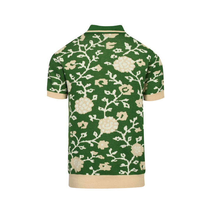 Πράσινο floral των ανδρών Jacquard V-Neck πλεκτό πουκάμισο πόλο