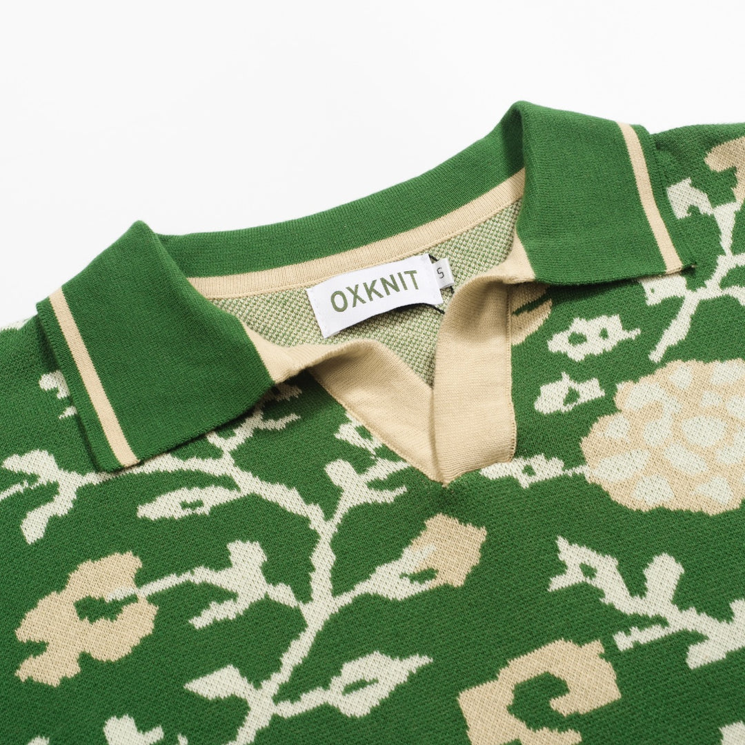 Πράσινο floral των ανδρών Jacquard V-Neck πλεκτό πουκάμισο πόλο