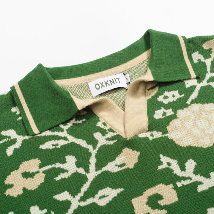 Πράσινο floral των ανδρών Jacquard V-Neck πλεκτό πουκάμισο πόλο