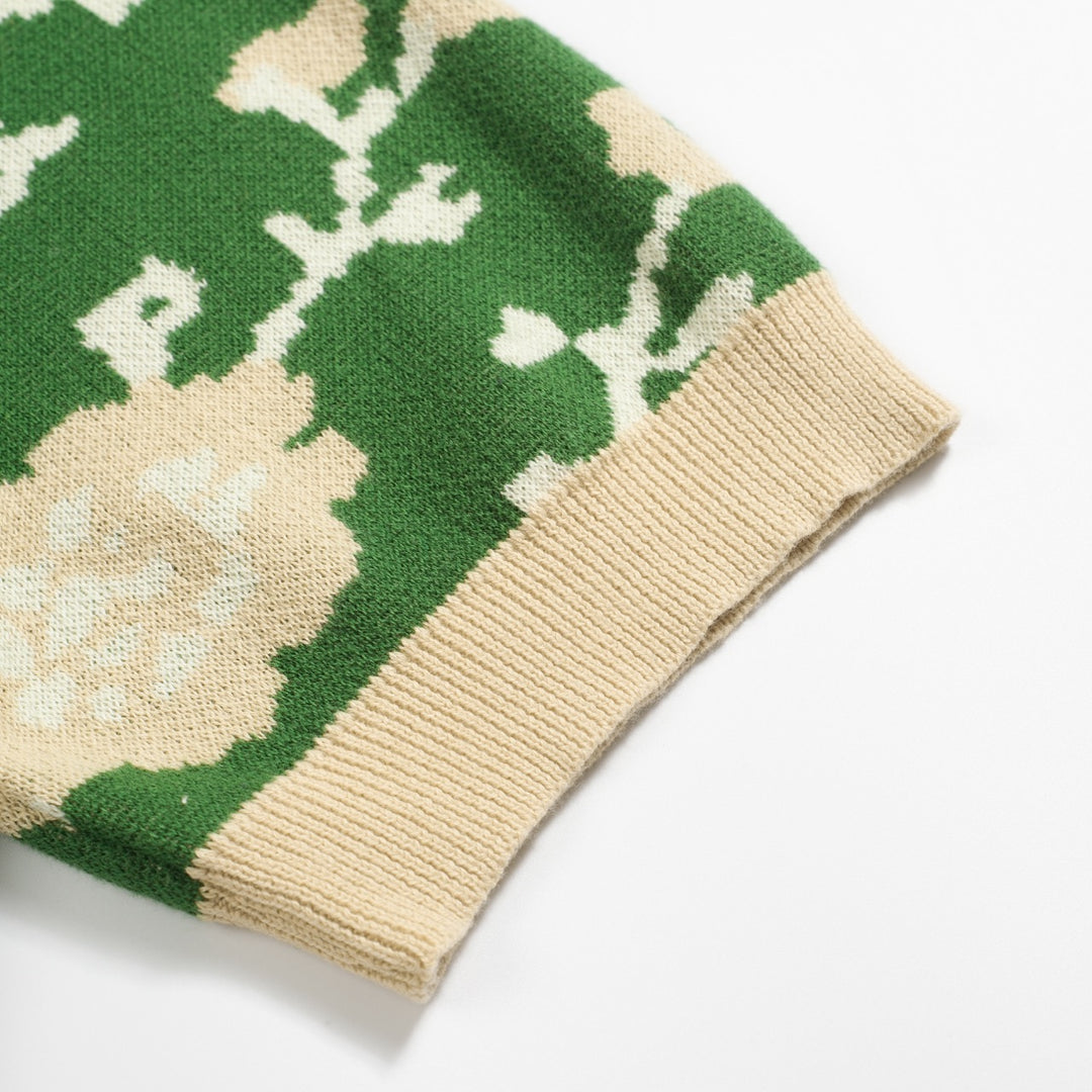 Πράσινο floral των ανδρών Jacquard V-Neck πλεκτό πουκάμισο πόλο