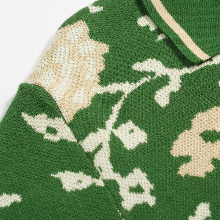 Πράσινο floral των ανδρών Jacquard V-Neck πλεκτό πουκάμισο πόλο