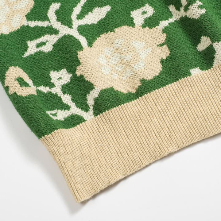 Πράσινο floral των ανδρών Jacquard V-Neck πλεκτό πουκάμισο πόλο