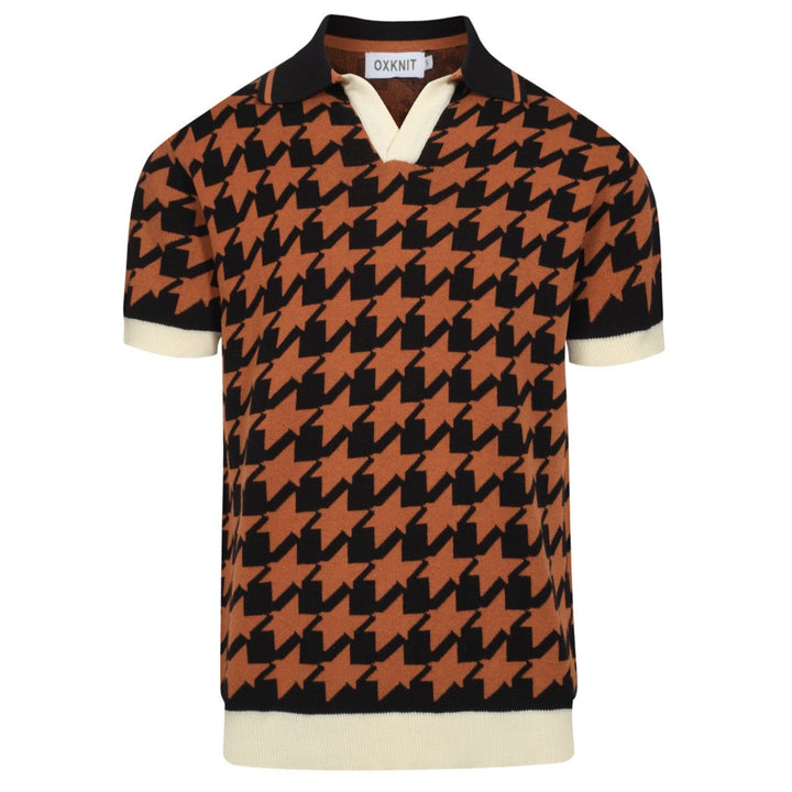 Men's black vintage jacquard V-neck knitted polo shirt