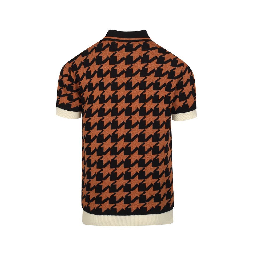 Men's black vintage jacquard V-neck knitted polo shirt