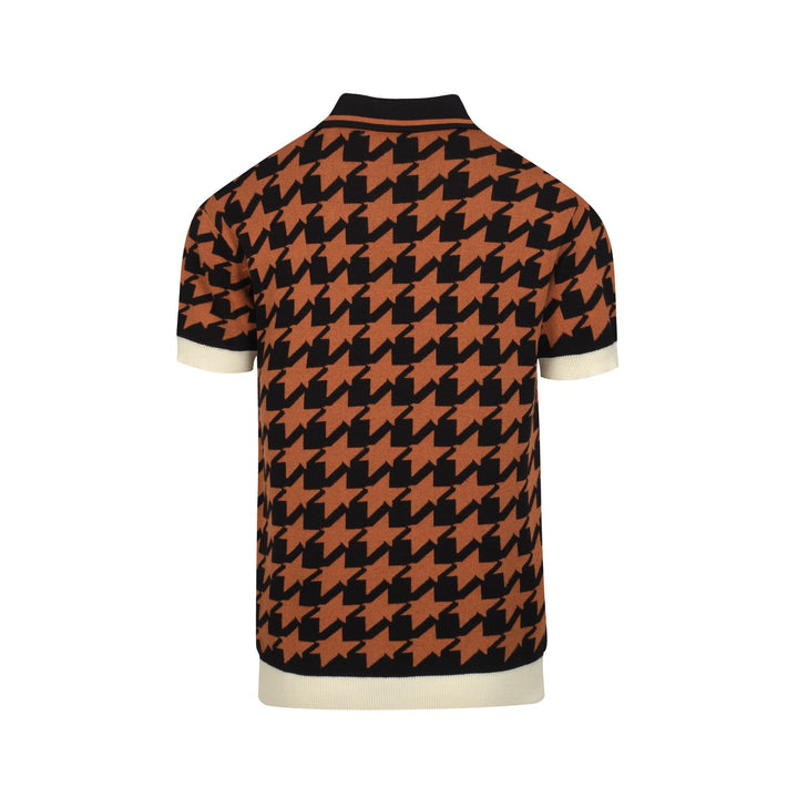 Men's black vintage jacquard V-neck knitted polo shirt