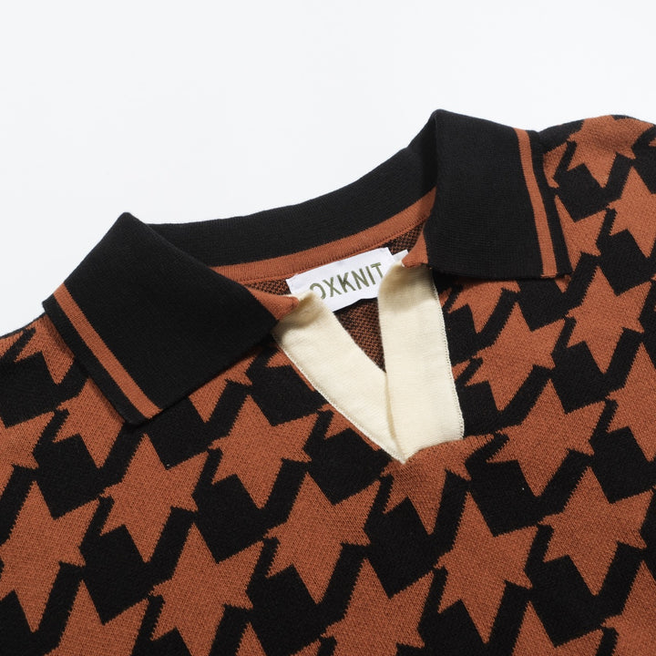 Men's black vintage jacquard V-neck knitted polo shirt