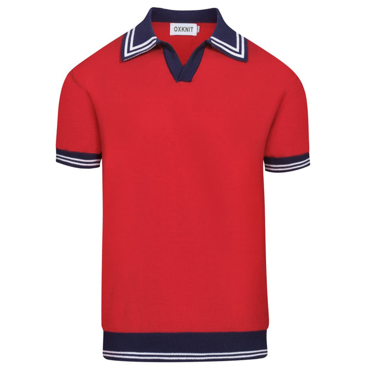 Men's red vintage knit V-neck polo shirt