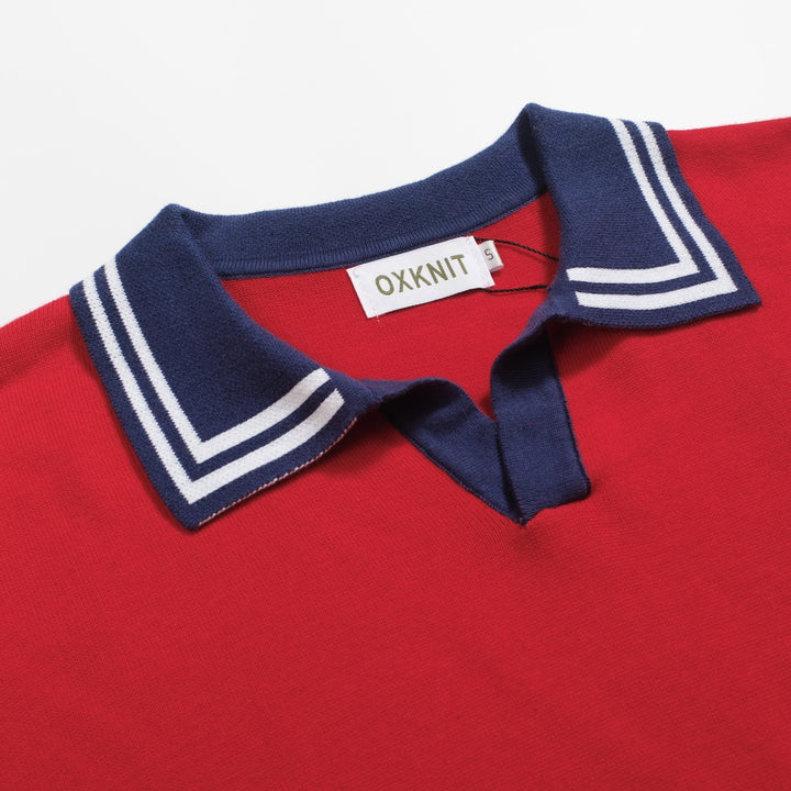 Men's red vintage knit V-neck polo shirt