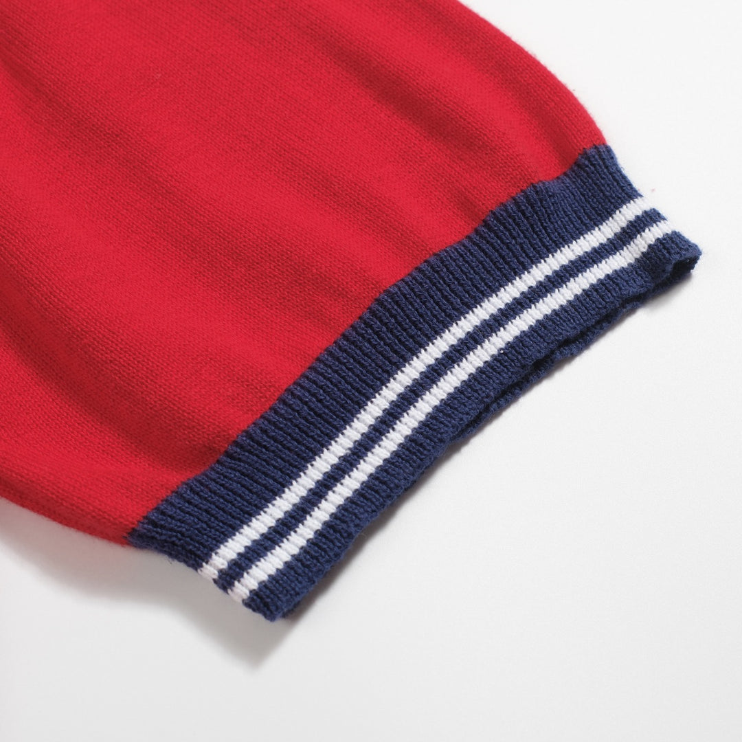 Men's red vintage knit V-neck polo shirt