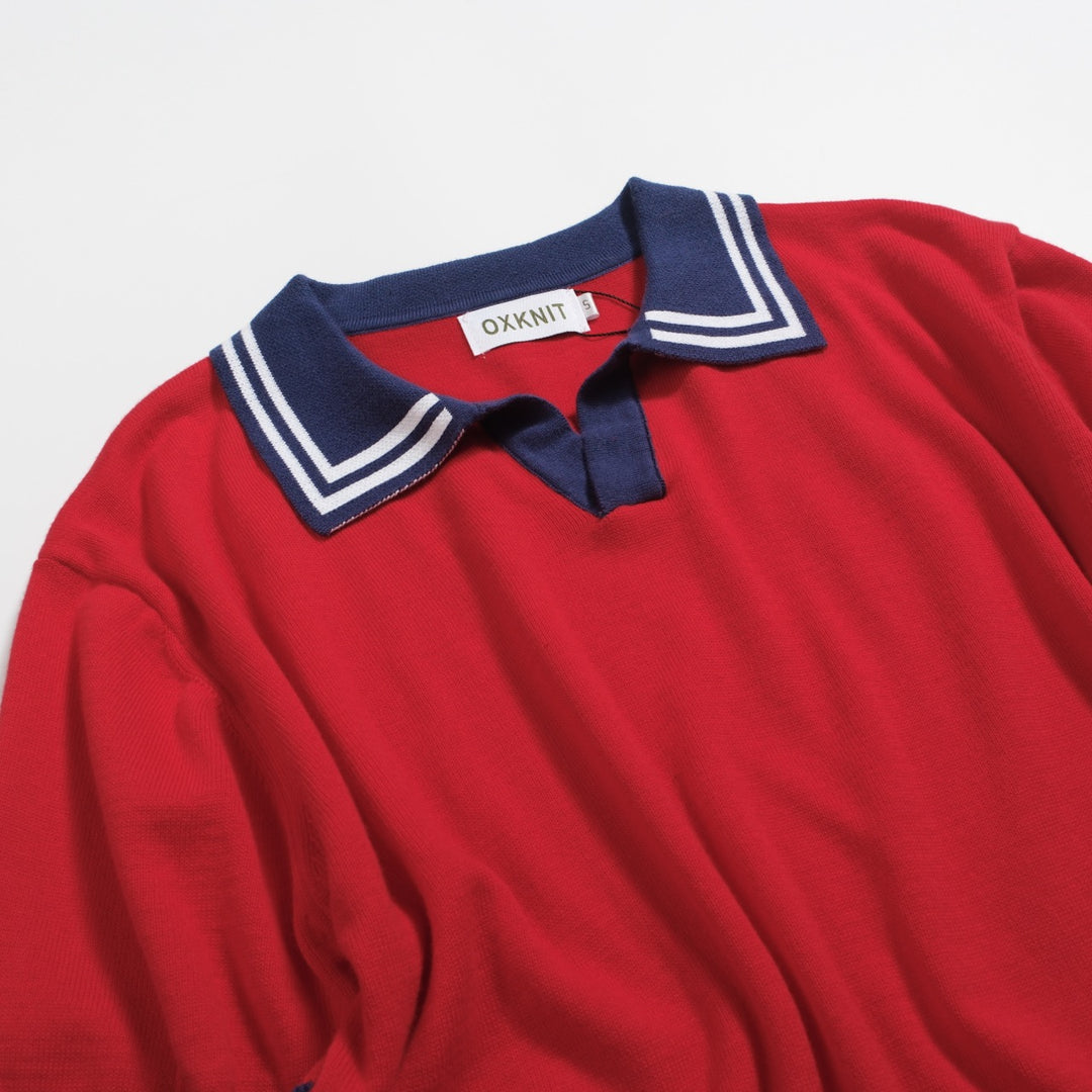 Men's red vintage knit V-neck polo shirt